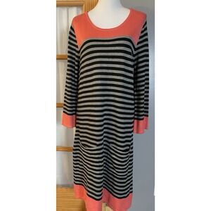 Siena Studio Striped Sweater Dress Sz L Black Gray Knit Orange Trim Pockets City
